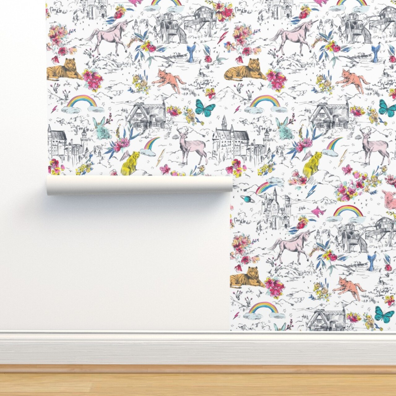 Unicorn Fairy Tale Rainbow Toile Castle Mermaid Rabbit Butterfly Bear Custom Removable Wallpaper by Spoonflower Peel & Stick Wallpaper 2FT Wide